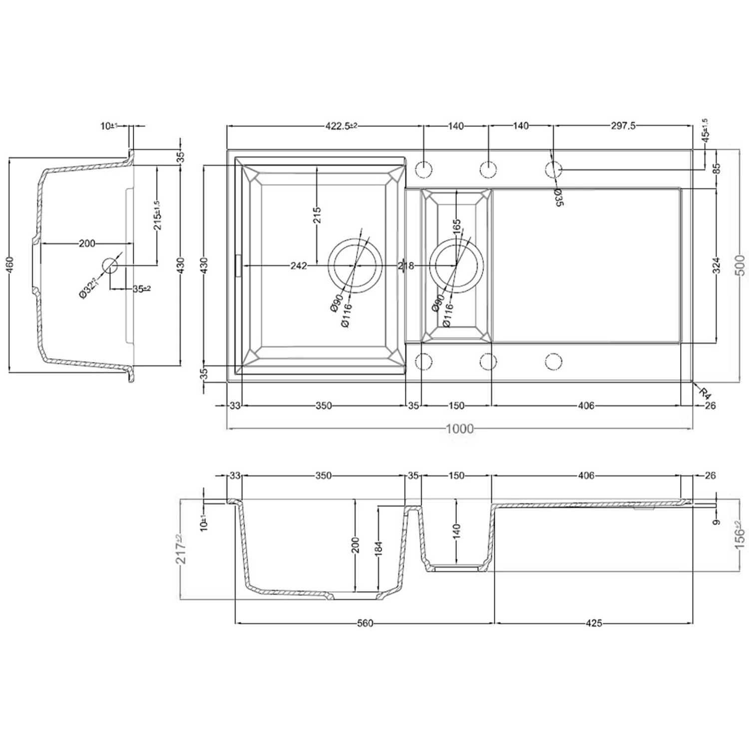 Reginox Elleci Easy 475 Black 1.5 Bowl Granite Composite Inset Kitchen Sink & Waste - 1000 X 500mm 7 Reginox Elleci Easy 475 Black 1.5 Bowl Granite Composite Inset Kitchen Sink & Waste - 1000 X 500mm - Image 5