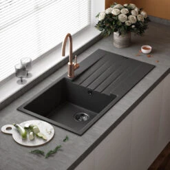 Reginox Harlem 1 Bowl Black Silvery Granite Composite Sink & Waste Kit And Vellamo Koro Black Mono Kitchen Mixer 16 Reginox Harlem 1 Bowl Black Silvery Granite Composite Sink & Waste Kit And Vellamo Koro Black Mono Kitchen Mixer -Vado Sale Store reginox harlem 1 bowl black silvery granite composite kitchen sink lifestyle v3