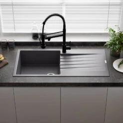 Reginox Harlem 1 Bowl Grey Silvery Granite Composite Sink & Waste Kit And Vellamo Hanbury Pull Out Mono Kitchen Mixer -Vado Sale Store reginox harlem 1 bowl grey silvery granite composite kitchen sink lifestyle 2 2
