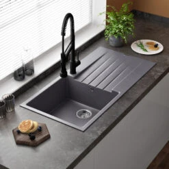 Reginox Harlem 1 Bowl Grey Silvery Granite Composite Sink & Waste Kit And Vellamo Hanbury Pull Out Mono Kitchen Mixer -Vado Sale Store reginox harlem 1 bowl grey silvery granite composite kitchen sink lifestyle 4