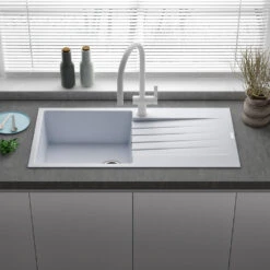 Reginox Harlem 1 Bowl White Granite Composite Sink & Waste Kit And Vellamo Hanbury Pull Out Mono Kitchen Mixer -Vado Sale Store reginox harlem 1 bowl white granite composite kitchen sink lifestyle 2 2