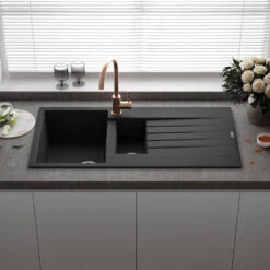 Reginox Harlem 1.5 Bowl Black Silvery Granite Composite Sink & Waste Kit And Vellamo Koro Black Mono Kitchen Mixer -Vado Sale Store reginox harlem 1.5 bowl black silvery granite composite kitchen sink lifestyle 2 v3 3