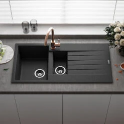 Reginox Harlem 1.5 Bowl Black Silvery Granite Composite Sink & Waste Kit And Vellamo Koro Black Mono Kitchen Mixer -Vado Sale Store reginox harlem 1.5 bowl black silvery granite composite kitchen sink lifestyle 3 v3 3