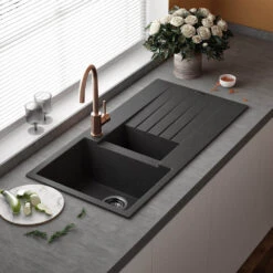 Reginox Harlem 1.5 Bowl White Granite Composite Kitchen Sink & Waste Kit - 1000 X 500mm -Vado Sale Store reginox harlem 1.5 bowl black silvery granite composite kitchen sink lifestyle no overflow