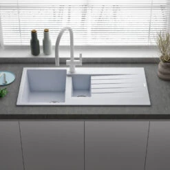 Reginox Harlem 1.5 Bowl White Granite Composite Sink & Waste Kit And Vellamo Hanbury Pull Out Mono Kitchen Mixer -Vado Sale Store reginox harlem 1.5 bowl white granite composite kitchen sink lifestyle 2 2