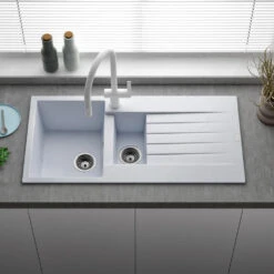 Reginox Harlem 1.5 Bowl White Granite Composite Sink & Waste Kit And Vellamo Hanbury Pull Out Mono Kitchen Mixer -Vado Sale Store reginox harlem 1.5 bowl white granite composite kitchen sink lifestyle 3 2