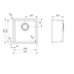 Reginox Houston 40x40 Single Bowl Stainless Steel Inset / Undermount Kitchen Sink & Waste Kit - 440 X 440mm -Vado Sale Store reginox houston 40x40 1 bowl stainless steel kitchen sink tech drawing