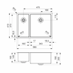 Reginox New Jersey 18x37+34x37 1.5 Bowl Stainless Steel Inset / Undermount Kitchen Sink & Waste With Right Hand Main Bowl - 580 X 410mm -Vado Sale Store reginox new jersey 1 5 bowl stainless steel kitchen sink rh tech drawing