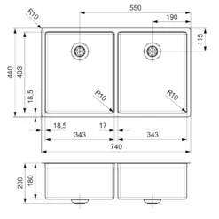 Reginox New York 2 Bowl Undermount Or Inset Stainless Steel Kitchen Sink And Integrated Waste - 740 X 440mm 7 Reginox New York 2 Bowl Undermount Or Inset Stainless Steel Kitchen Sink And Integrated Waste - 740 X 440mm -Vado Sale Store reginox new york 34x40 34x40 tech drawing