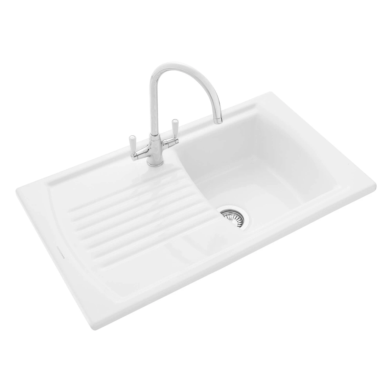 Rangemaster Tenby Compact 1 Bowl Gloss White Fireclay Ceramic Kitchen Sink & Waste With Reversible Drainer - 850 X 500mm 4 Rangemaster Tenby Compact 1 Bowl Gloss White Fireclay Ceramic Kitchen Sink & Waste With Reversible Drainer - 850 X 500mm - Image 2