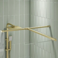 Harbour I8 8mm 2m Tall Wetroom 2 Panel Pack - 1000mm X 1200mm - Brushed Brass -Vado Sale Store scudo brushed brass 2panelpack wetroom panel supportarm detail lifestyle