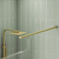 Harbour I8 760 8mm 2m Tall Easy Clean Wetroom Panel - Brushed Brass -Vado Sale Store scudo brushed brass single walkin wetroom panel supportarm detail lifestyle
