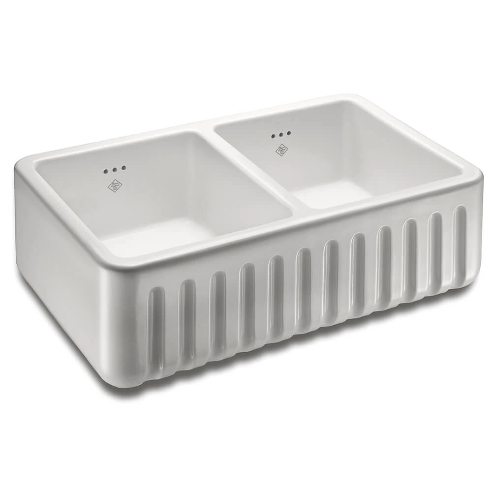 Shaws Ribchester White Ceramic Double Bowl Fluted Apron Front Sink - 795 X 465mm 4 Shaws Ribchester White Ceramic Double Bowl Fluted Apron Front Sink - 795 X 465mm - Image 2