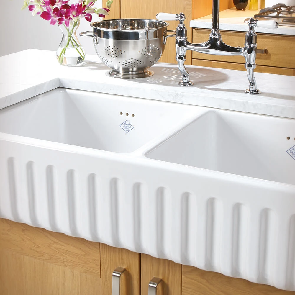 Shaws Ribchester White Ceramic Double Bowl Fluted Apron Front Sink - 795 X 465mm 5 Shaws Ribchester White Ceramic Double Bowl Fluted Apron Front Sink - 795 X 465mm - Image 3