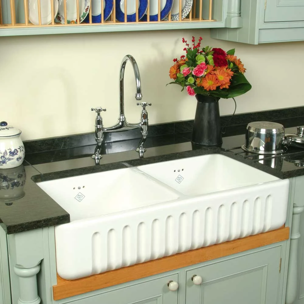 Shaws Ribchester White Ceramic Double Bowl Fluted Apron Front Sink - 795 X 465mm 3 Shaws Ribchester White Ceramic Double Bowl Fluted Apron Front Sink - 795 X 465mm