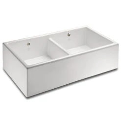 Shaws Contemporary Shaker Double Bowl White Ceramic Belfast Kitchen Sink - 895 X 465mm