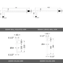 Imogen Concealed Shower Valve, 400mm Fixed Shower Head, 380mm Curved Wall Shower Arm & Overflow Bath Filler With Clicker Waste 12 Imogen Concealed Shower Valve, 400mm Fixed Shower Head, 380mm Curved Wall Shower Arm & Overflow Bath Filler With Clicker Waste -Vado Sale Store shower arm round selection measurements v3 5