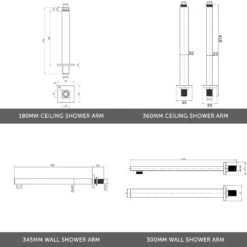 Drew Square Concealed Shower Valve With Fixed Head & Slide Rail Kit - 180mm Square Fixed Ceiling Arm - 400mm Head -Vado Sale Store square shower arm technical v3
