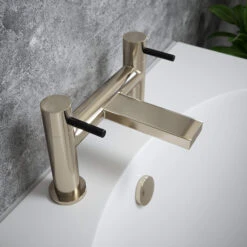The Tap Factory Vibrance Brushed Nickel Deck Mounted Bath Filler With Brushed Brass Handles 13 The Tap Factory Vibrance Brushed Nickel Deck Mounted Bath Filler With Brushed Brass Handles -Vado Sale Store tap factory brushed nickel bath filler black handles lifestyle
