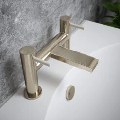The Tap Factory Vibrance Brushed Nickel Deck Mounted Bath Filler With Brushed Brass Handles 11 The Tap Factory Vibrance Brushed Nickel Deck Mounted Bath Filler With Brushed Brass Handles -Vado Sale Store tap factory brushed nickel bath filler ivory handles lifestyle
