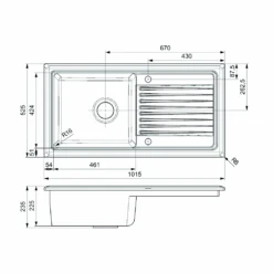 Reginox 1 Bowl Black Ceramic Kitchen Sink & Waste Kit With Reversible Drainer - 1015 X 525mm -Vado Sale Store tech drawing