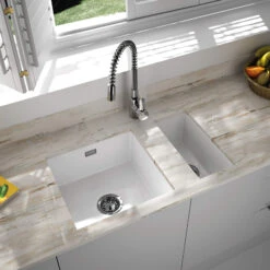Thomas Denby Metro 1 Bowl And Half Bowl Inset Or Undermount Gloss White Ceramic Kitchen Sink -Vado Sale Store thomas denby 0 5 bowl white undermount ceramic sink lifestyle 1