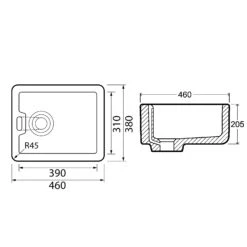 Thomas Denby Mini Belfast White Kitchen Sink With 1 Small Bowl & Stainless Steel Waste - 460 X 380mm 7 Thomas Denby Mini Belfast White Kitchen Sink With 1 Small Bowl & Stainless Steel Waste - 460 X 380mm -Vado Sale Store thomas denby belfast 460mm 1 bowl ceramic sink tech drawing