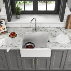 Thomas Denby Belfast 1 Bowl Gloss White Ceramic Kitchen Sink & Regency Copper Waste - 595 X 460mm -Vado Sale Store thomas denby belfast 600 1 bowl ceramic sink lifestyle 2