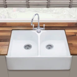 Thomas Denby Heritage Double Belfast Large 2 Bowl White Ceramic Kitchen Sink & Regency Copper Waste - 795 X 500mm