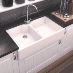Thomas Denby Heritage Double Belfast Large 2 Bowl White Ceramic Kitchen Sink & Bronze Waste - 895 X 550mm