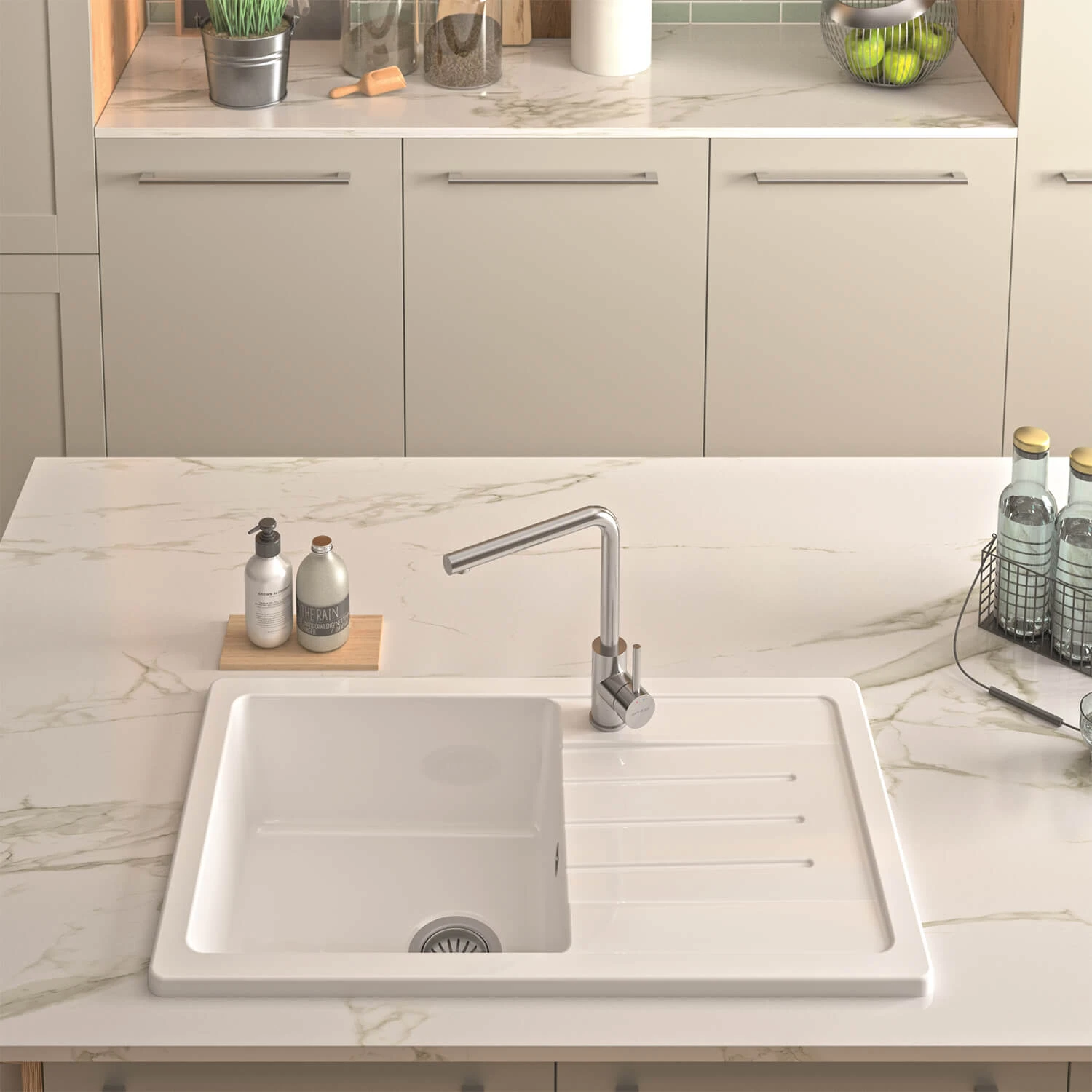 Thomas Denby Jarla Mini 1 Bowl Gloss White Ceramic Kitchen Sink With Reversible Drainer - 860 X 500mm 3 Thomas Denby Jarla Mini 1 Bowl Gloss White Ceramic Kitchen Sink With Reversible Drainer - 860 X 500mm
