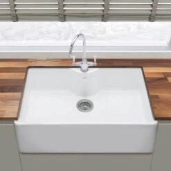 Thomas Denby Legacy Belfast 1 Bowl Gloss White Ceramic Kitchen Sink With Tap Ledge & Chrome Waste - 795 X 500mm
