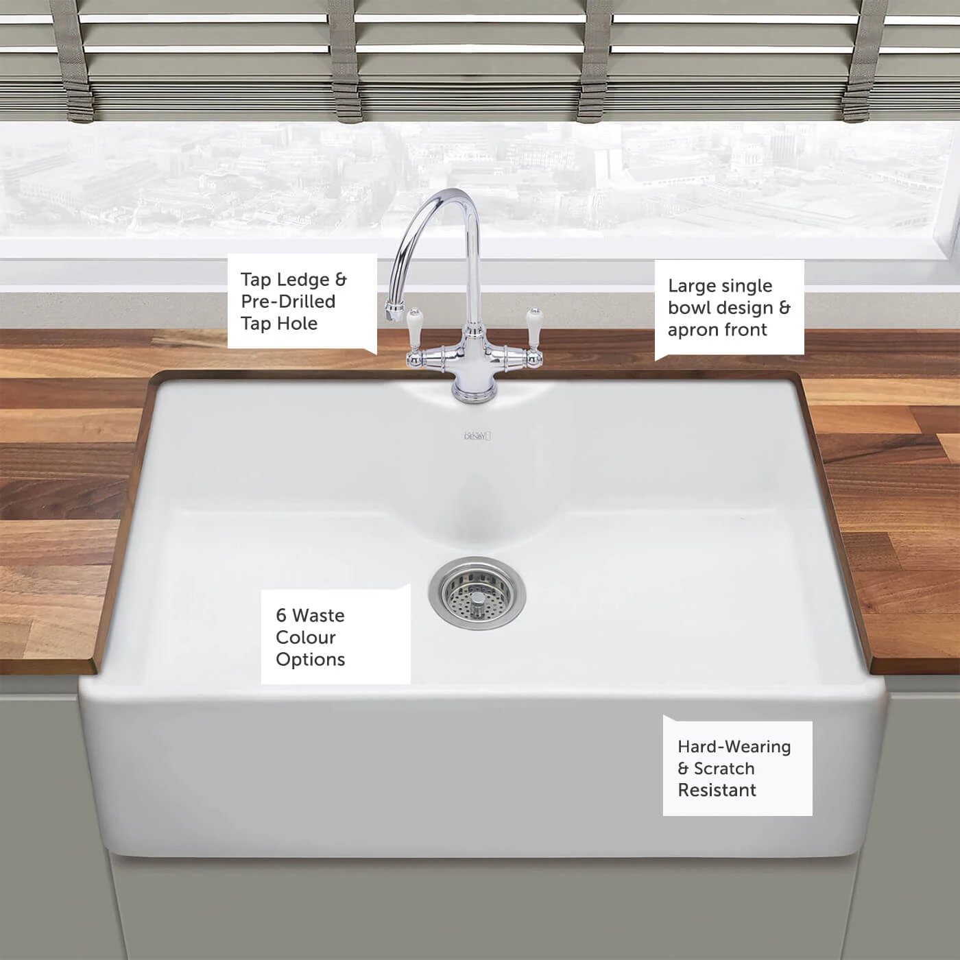 Thomas Denby Legacy Belfast 1 Bowl Gloss White Ceramic Kitchen Sink With Tap Ledge & Chrome Waste - 795 X 500mm 4 Thomas Denby Legacy Belfast 1 Bowl Gloss White Ceramic Kitchen Sink With Tap Ledge & Chrome Waste - 795 X 500mm - Image 2