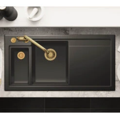 Thomas Denby Lydian Chef 1.5 Bowl Black Satin Ceramic Kitchen Sink & Chrome Presto Automatic Waste With Right Hand Drainer - 1000 X 510mm