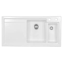 Thomas Denby Lydian Chef 1.5 Bowl White Ceramic Kitchen Sink & Regency Copper Presto Automatic Waste With Left Hand Drainer - 1000 X 510mm -Vado Sale Store thomas denby lydian chef white ceramic kitchen sink cutout lh