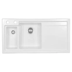 Thomas Denby Lydian Chef 1.5 Bowl White Ceramic Kitchen Sink & Regency Copper Presto Automatic Waste With Left Hand Drainer - 1000 X 510mm -Vado Sale Store thomas denby lydian chef white ceramic kitchen sink cutout rh