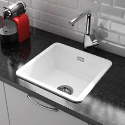 Thomas Denby Metro 1 Bowl Inset Or Undermount Gloss White Ceramic Kitchen Sink - 460 X 460mm -Vado Sale Store thomas denby medium 1 bowl white ceramic sink inset lifestyle