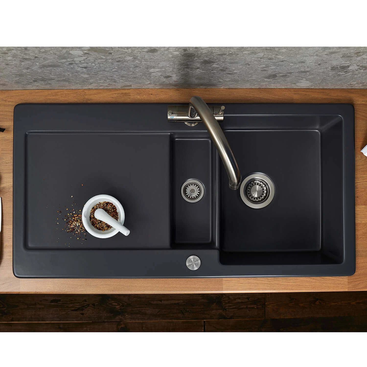 Thomas Denby Melody Pro 1.5 Bowl Gloss White Ceramic Kitchen Sink & Regency Copper Presto Automatic Waste With Reversible Drainer - 1000 X 510mm 4 Thomas Denby Melody Pro 1.5 Bowl Gloss White Ceramic Kitchen Sink & Regency Copper Presto Automatic Waste With Reversible Drainer - 1000 X 510mm - Image 2