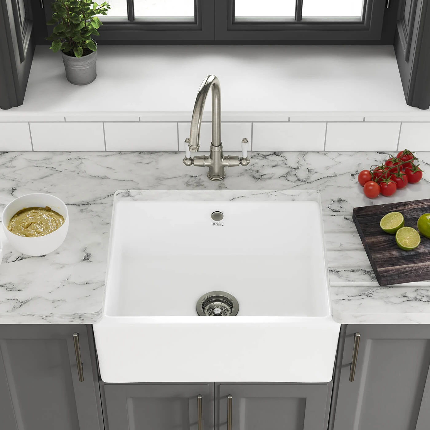 Thomas Denby Oxford Belfast 1 Bowl Gloss White Ceramic Kitchen Sink & Polished Nickel Waste - 595 X 465mm 3 Thomas Denby Oxford Belfast 1 Bowl Gloss White Ceramic Kitchen Sink & Polished Nickel Waste - 595 X 465mm