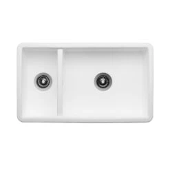 Thomas Denby Suffolk Belfast 1.5 Bowl Gloss White Ceramic Kitchen Sink & Regency Copper Waste - 795 X 465mm -Vado Sale Store thomas denby suffolk belfast 1 5 bowl ceramic sink cutout rh