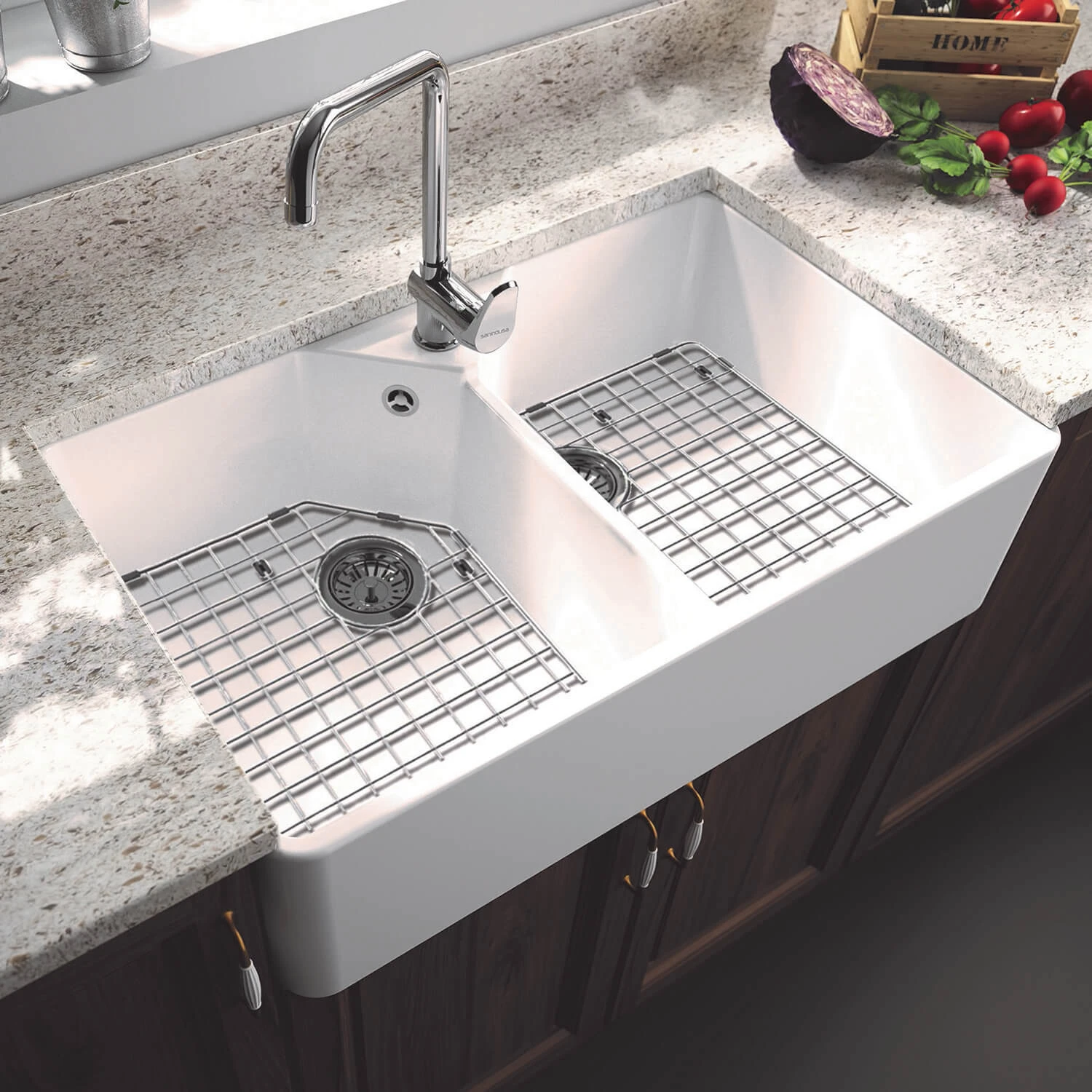 Thomas Denby Vintage Belfast 2 Bowl Gloss White Ceramic Kitchen Sink & Brushed Brass Waste - 794 X 490mm 4 Thomas Denby Vintage Belfast 2 Bowl Gloss White Ceramic Kitchen Sink & Brushed Brass Waste - 794 X 490mm - Image 2