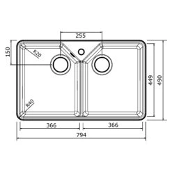 Thomas Denby Vintage Belfast 2 Bowl Gloss White Ceramic Kitchen Sink & Brushed Brass Waste - 794 X 490mm 9 Thomas Denby Vintage Belfast 2 Bowl Gloss White Ceramic Kitchen Sink & Brushed Brass Waste - 794 X 490mm -Vado Sale Store thomas denby vintage belfast 2 bowl ceramic sink tech drawing