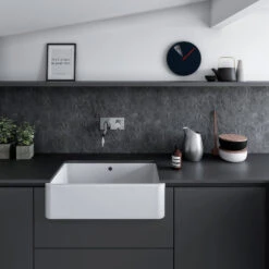 Thomas Denby Vintage Belfast 1 Bowl Gloss White Ceramic Kitchen Sink & Brushed Brass Waste - 795 X 460mm -Vado Sale Store thomas denby vintage belfast large 1 bowl ceramic sink lifestyle 2