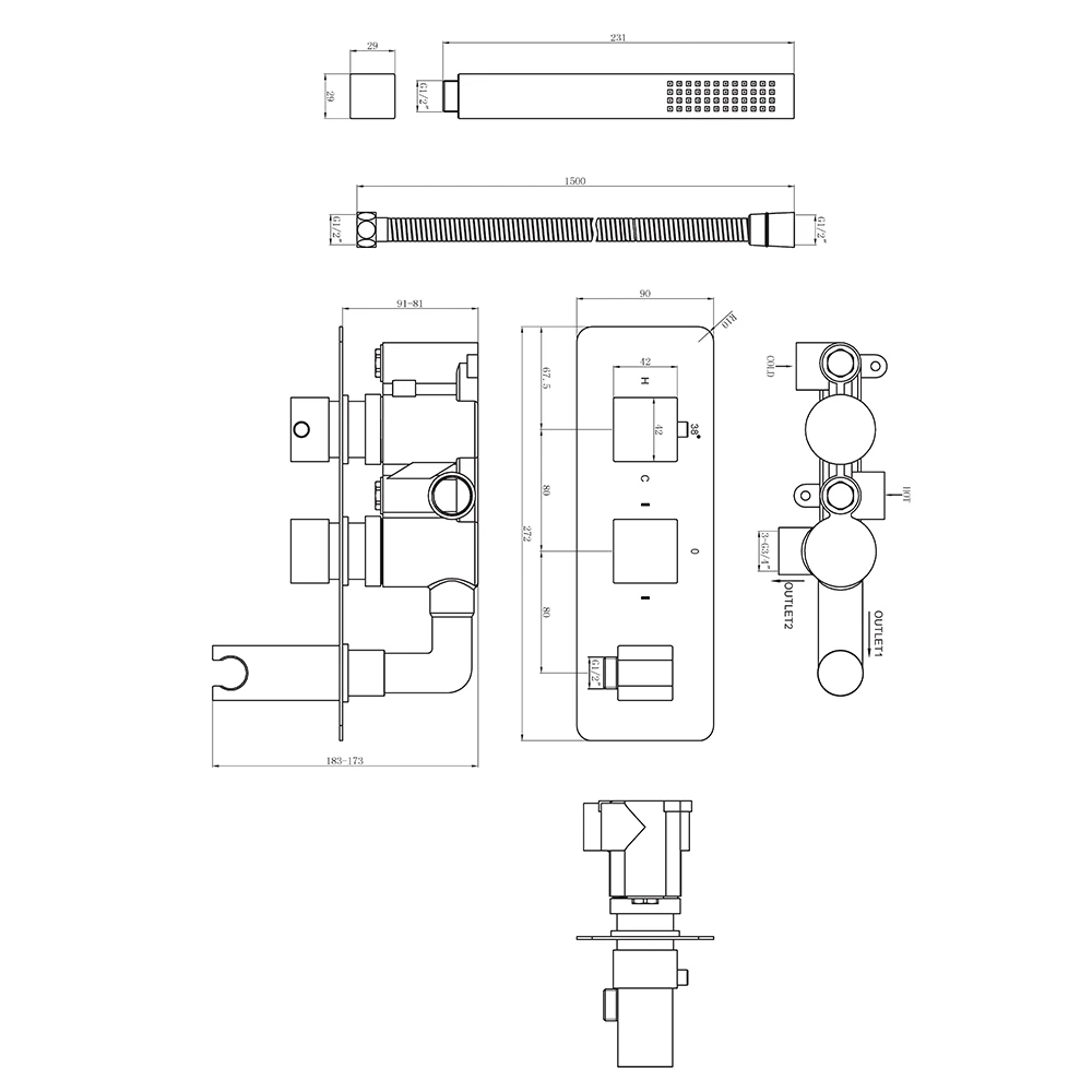 Vellamo Blox 2 Outlet Concealed Thermostatic Bath Shower Valve & Handset 4 Vellamo Blox 2 Outlet Concealed Thermostatic Bath Shower Valve & Handset - Image 2
