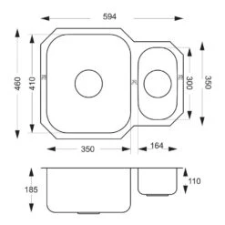 Vellamo Classic 1.5 Bowl Undermount Stainless Steel Kitchen Sink & Waste Kit With Reversible Half Bowl - 595 X 460mm 7 Vellamo Classic 1.5 Bowl Undermount Stainless Steel Kitchen Sink & Waste Kit With Reversible Half Bowl - 595 X 460mm -Vado Sale Store vellamo classic 1 5 bowl tech drawing
