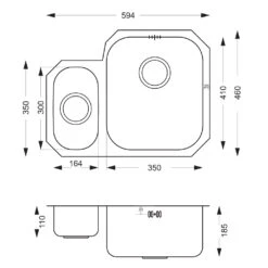 Vellamo Classic 1.5 Bowl Undermount Stainless Steel Kitchen Sink & Waste With Right Hand Main Bowl - 594 X 460mm -Vado Sale Store vellamo classic 1 5 right hand main bowl tech drawing