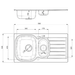 Vellamo Curva 1.5 Bowl Satin Stainless Steel Kitchen Sink & Waste With Reversible Drainer - 950 X 508mm 11 Vellamo Curva 1.5 Bowl Satin Stainless Steel Kitchen Sink & Waste With Reversible Drainer - 950 X 508mm -Vado Sale Store vellamo curva 1 bowl stainless steel sink tech drawing
