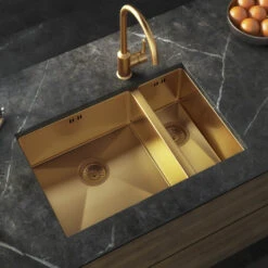 Vellamo Designer 1.5 Bowl Inset/Undermount Brushed Gold Stainless Steel Kitchen Sink & Waste - 670 X 440mm 12 Vellamo Designer 1.5 Bowl Inset/Undermount Brushed Gold Stainless Steel Kitchen Sink & Waste - 670 X 440mm -Vado Sale Store vellamo designer 1 5 bowl gold kitchen sink lifestyle