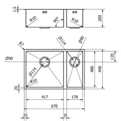 Vellamo Designer 1.5 Bowl Inset/Undermount Brushed Gold Stainless Steel Kitchen Sink & Waste - 670 X 440mm 17 Vellamo Designer 1.5 Bowl Inset/Undermount Brushed Gold Stainless Steel Kitchen Sink & Waste - 670 X 440mm -Vado Sale Store vellamo designer 1 5 bowl sink tech drawing