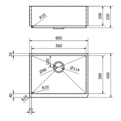 Vellamo Designer Belfast Single Bowl Brushed Gold Stainless Steel Kitchen Sink & Waste - 600 X 450mm -Vado Sale Store vellamo designer 1 bowl belfast kitchen sink tech drawing